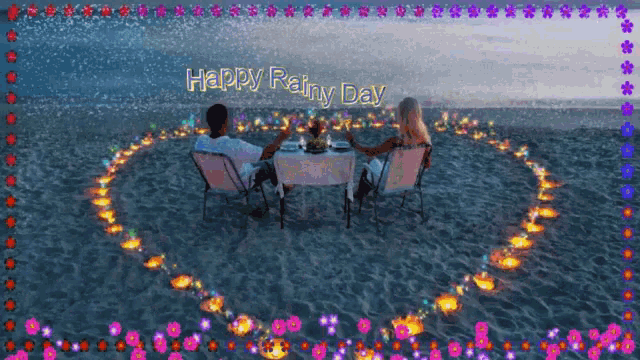 a happy rainy day greeting card with a couple sitting at a table in the water
