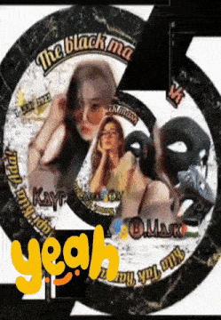 a picture of a woman in a black mask with the word yeah in yellow