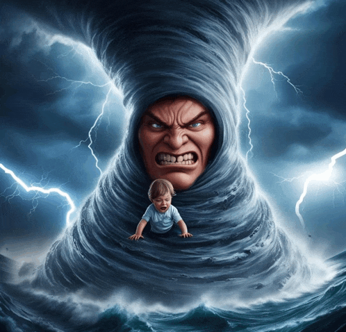a cartoon of a man and a child in a tornado with lightning strikes