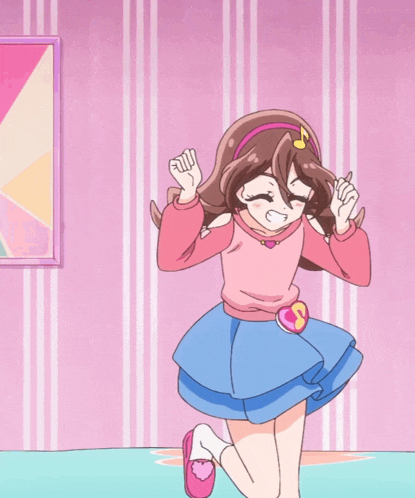a girl in a pink shirt and blue skirt with a heart on her belt