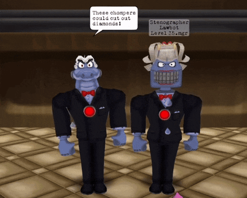 two cartoon characters standing next to each other with one saying these chompers could cut out diamonds