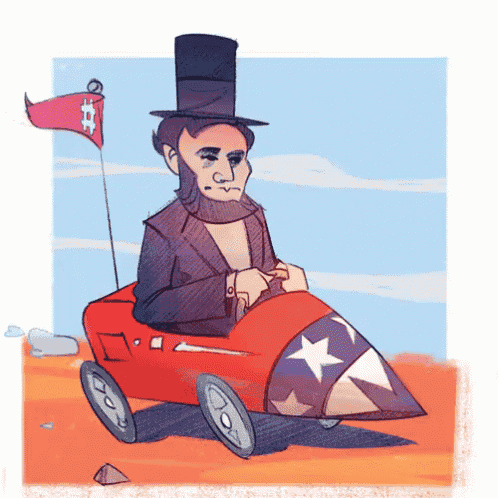 a cartoon of abraham lincoln driving a small red car