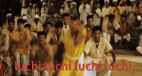 a group of people are dancing with the words luchi luchi luchi written in red