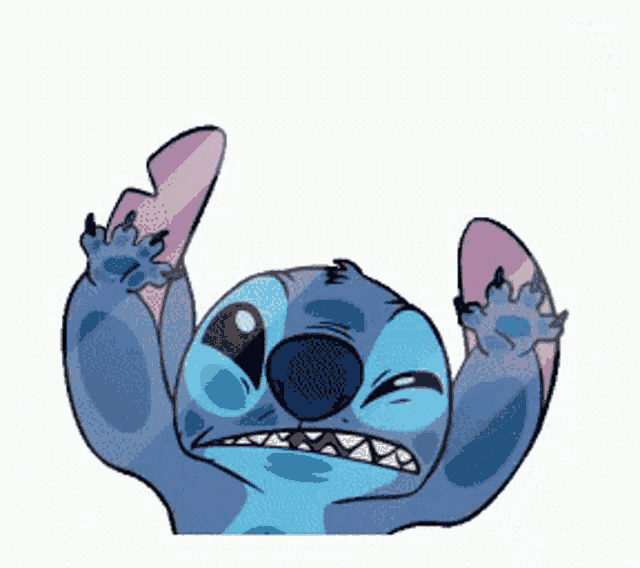 a drawing of stitch making a funny face with his arms up