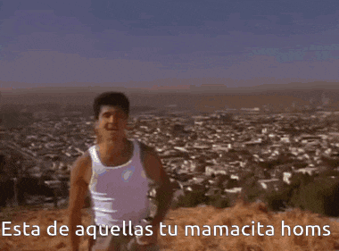 a shirtless man is standing next to a man in a suit with the words esta de aquellas tu mamacita homs written below him