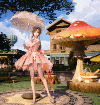 a girl in a pink dress is holding an umbrella in front of a mushroom