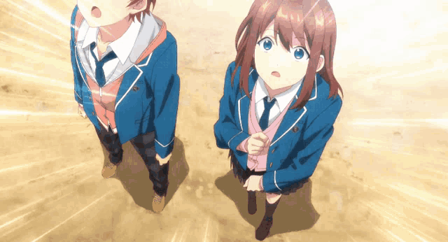 a boy and a girl are looking up at the sky