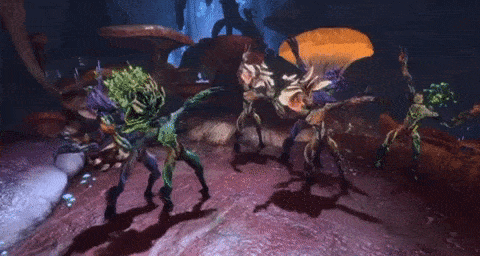a group of monsters are dancing in a room with mushrooms in the background