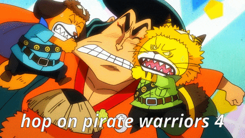 a poster for hop on pirate warriors 4 shows a man and two cats