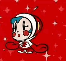 a cartoon character is standing on a red background .
