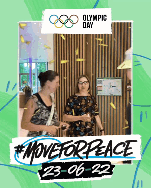 a poster for olympic day with two women standing in front of a wooden wall