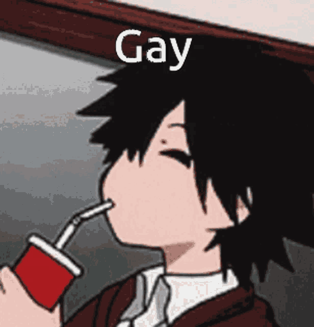a cartoon of a boy drinking soda through a straw with the word gay above him .