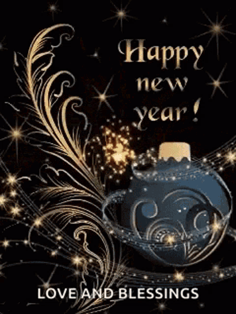 a happy new year greeting card with fireworks and a blue ornament
