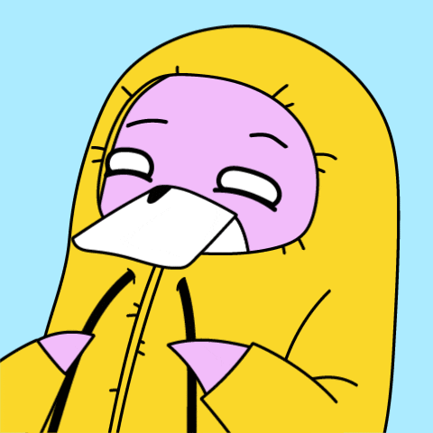 a cartoon drawing of a pink duck in a yellow jacket