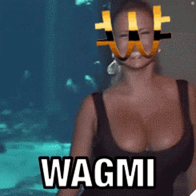 a woman is wearing a mask with the word wagmi written on it