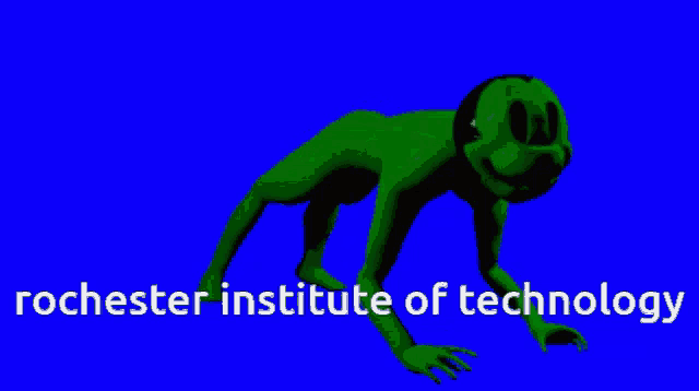 the rochester institute of technology logo with a green monster on a blue background