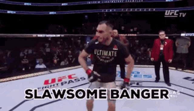 a man in an ultimate shirt is standing in a boxing ring with the words slawsome banger below him