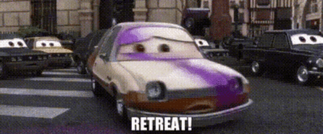 a cartoon car with the word retreat on the front