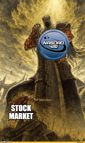 a painting of a knight holding a sword with a nasdaq logo above his head