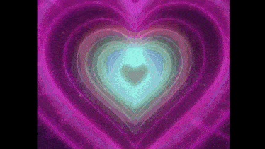 a rainbow heart is surrounded by pink and purple hearts on a black background .
