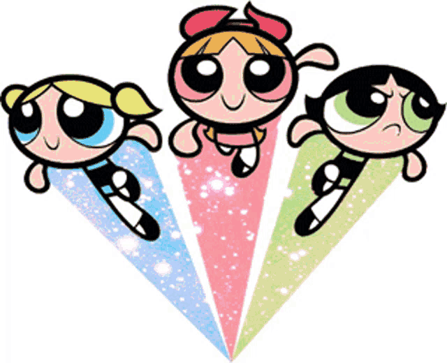 the powerpuff girls are flying in the air