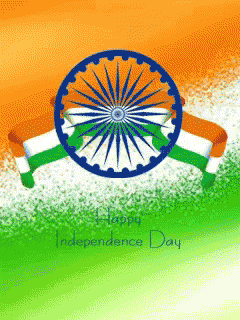 a happy independence day greeting card with a wheel and flag