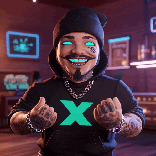 a man wearing a black hoodie with a green x on the front