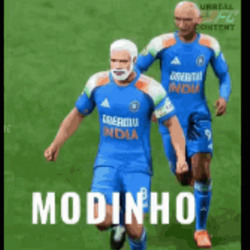 two soccer players are running on a field with the word modinho on the bottom