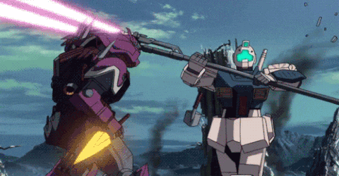 a purple and white robot are fighting with a sword