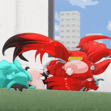 a cartoon character with red hair is laying down on the ground