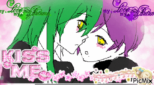 a drawing of a girl with green hair and purple hair says kiss me