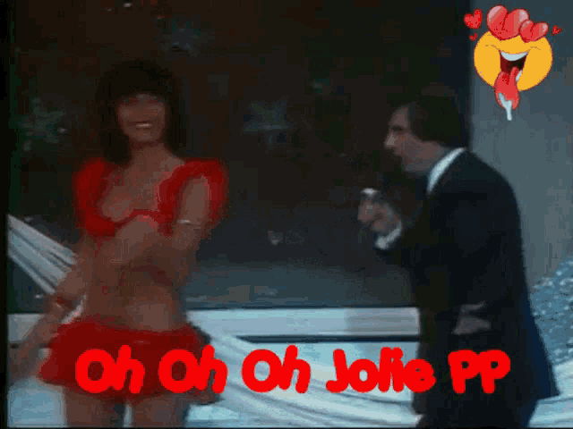 a man singing into a microphone next to a woman in a red dress with oh oh oh jolie pp written in red letters