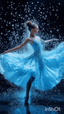 a woman in a blue dress is dancing in the water