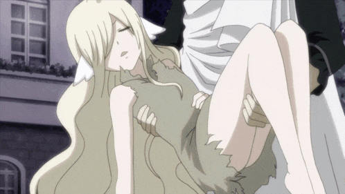 a woman with long blonde hair is being carried by a man in a white coat