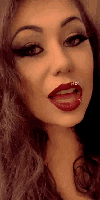 a woman with red lipstick and a nose ring that says no on it