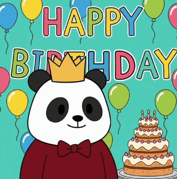 a panda bear wearing a crown and a bow tie stands in front of a birthday cake