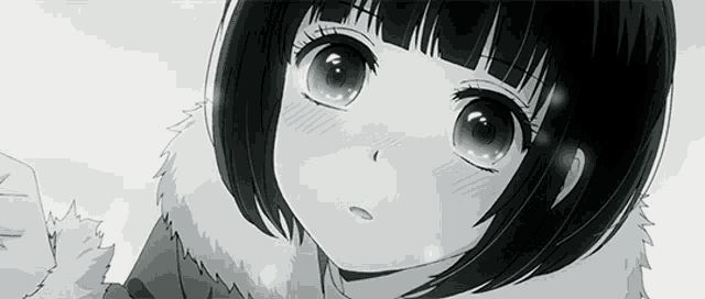 a black and white drawing of a girl with short hair and a fur coat