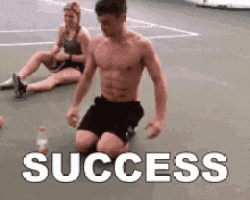 a shirtless man is kneeling down on a tennis court with the word success written above him .