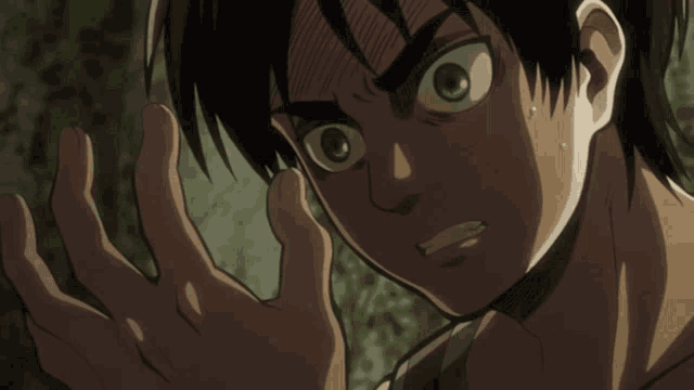 a close up of a person 's face with their hands outstretched in a cartoon .
