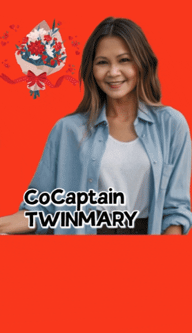a woman with a bouquet of flowers and the words cocaptain twinmary