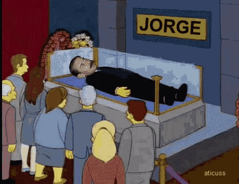 a cartoon of a man laying in a coffin with a sign that says jorge