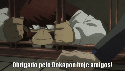 a cartoon character behind bars with the words obrigado pelo dokapon hoje amigos below him