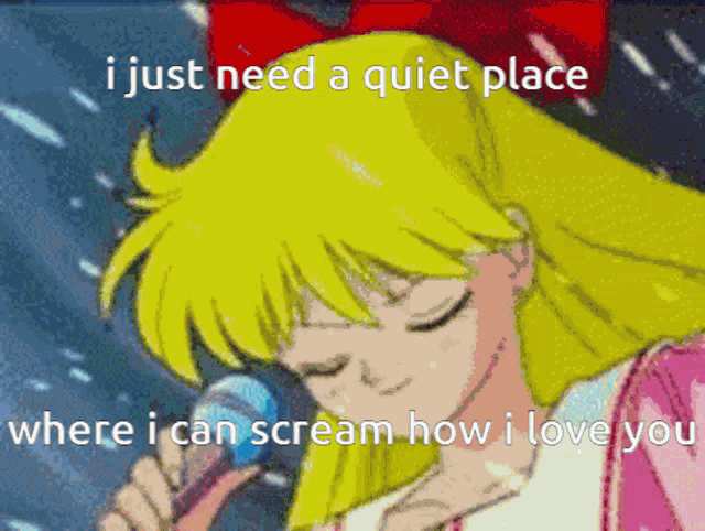 a cartoon of a girl singing into a microphone with the words i just need a quiet place