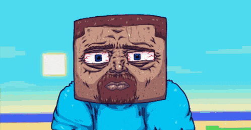 a cartoon of a man with a square head and a blue shirt