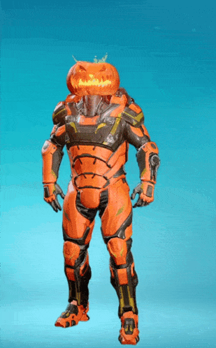 a robot with a pumpkin on his head