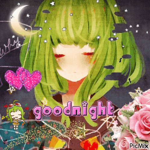 a picture of a girl with green hair and the words goodnight on the bottom