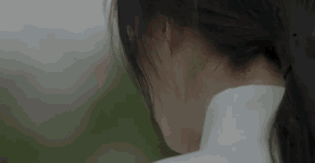 a close up of the back of a woman 's head with her hair in a ponytail .