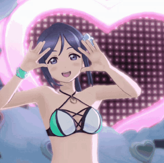 a girl in a bikini with a heart in the background