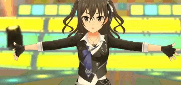 a girl in a black jacket and tie is standing with her arms outstretched in a video game .