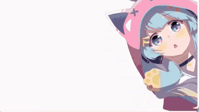 a girl with blue hair wearing a pink cat hat with a cross on it